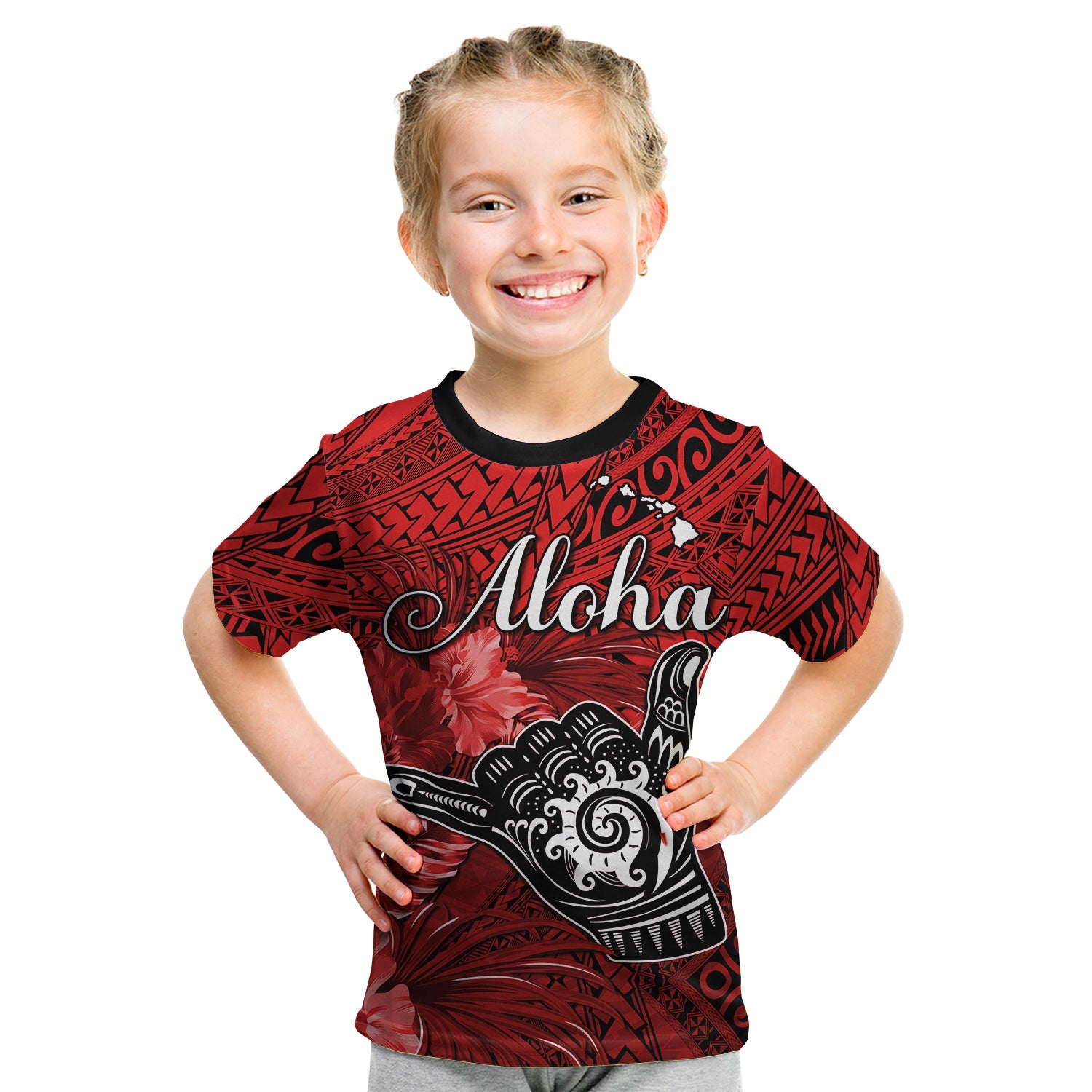 (Custom Personalised) The Shaka Hawaii T Shirt KID Tropical Flowers Red Version LT13 - Polynesian Pride