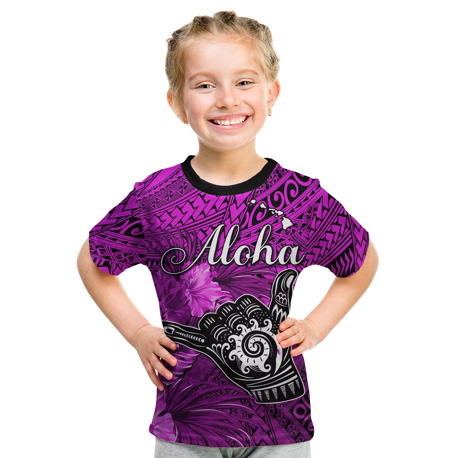 (Custom Personalised) The Shaka Hawaii T Shirt KID Tropical Flowers Purple Version LT13 - Polynesian Pride
