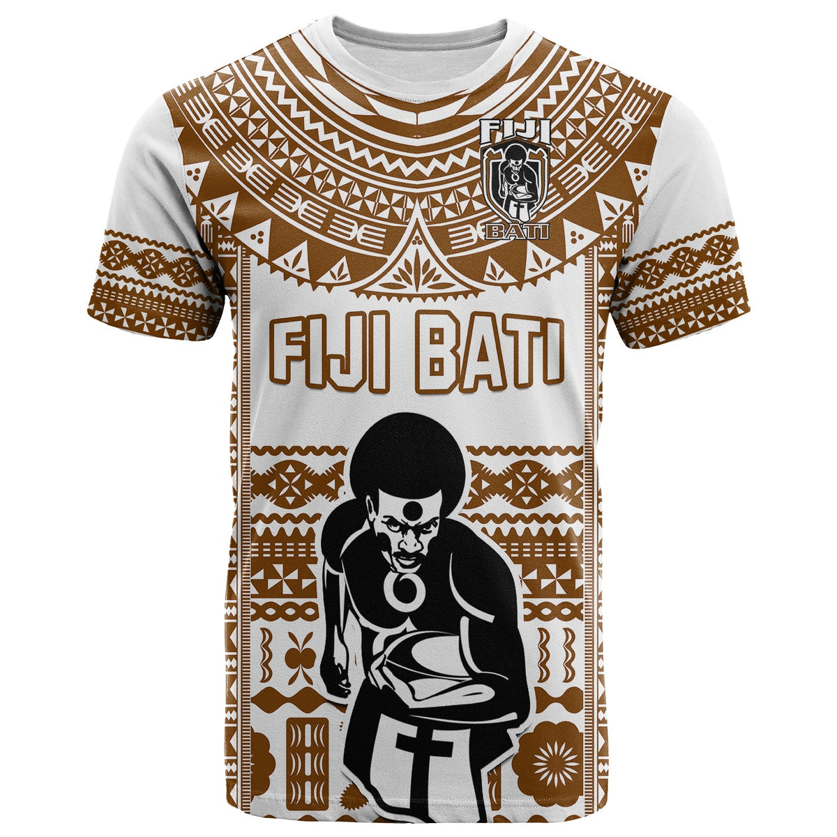 Custom Text and Number Fiji Rugby T Shirt Pacific The Bati Brown Fijian Tapa LT14 - Polynesian Pride