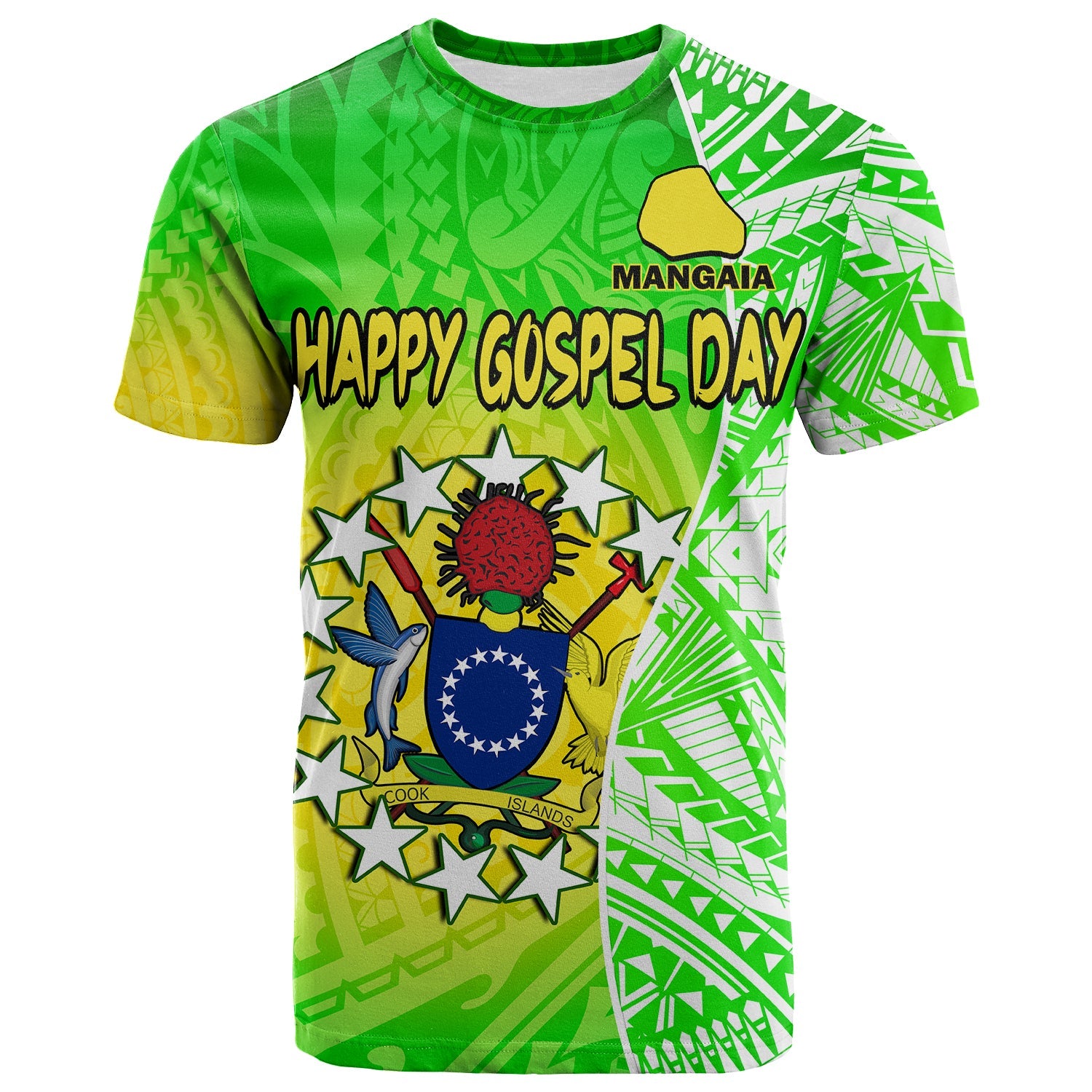 Happy Mangaia Gospel Day T Shirt Cook Islands Coat of Arms Polynesian Pattern LT14 Adult Green - Polynesian Pride