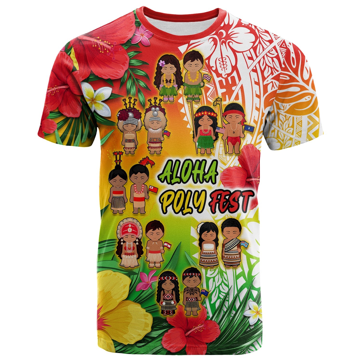 Aloha Poly Fest T Shirt Polynesian Pattern With Tropical Flowers LT14 Adult Reggae - Polynesian Pride