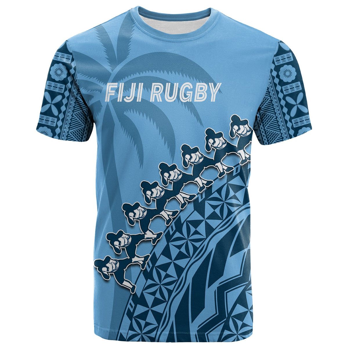 (Custom Text and Number) Fiji Tapa Rugby T Shirt Fijian Cibi Dance Tapa Pattern Blue LT14 - Polynesian Pride