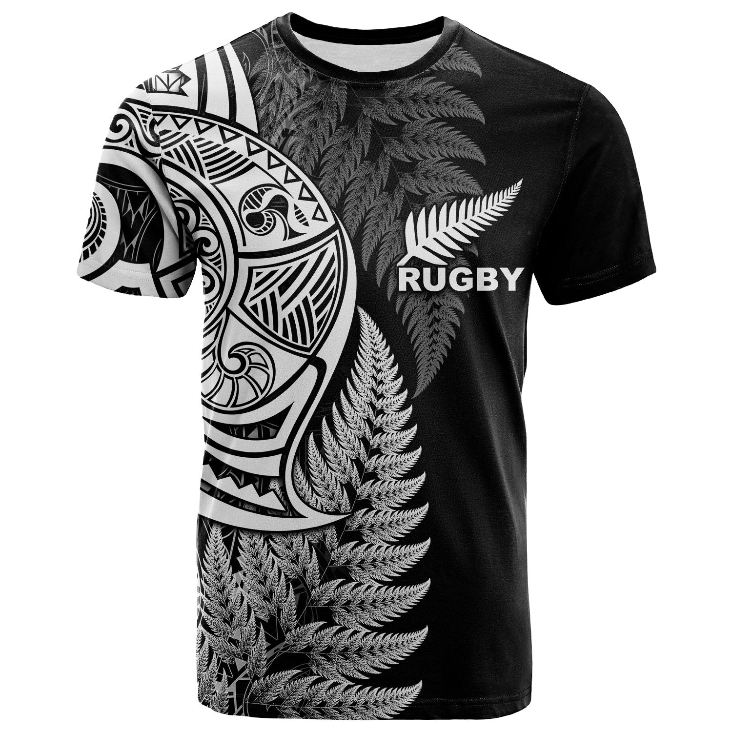 Maori Rugby T Shirt Tattoo Mix Fern Leaf LT6 Black - Polynesian Pride