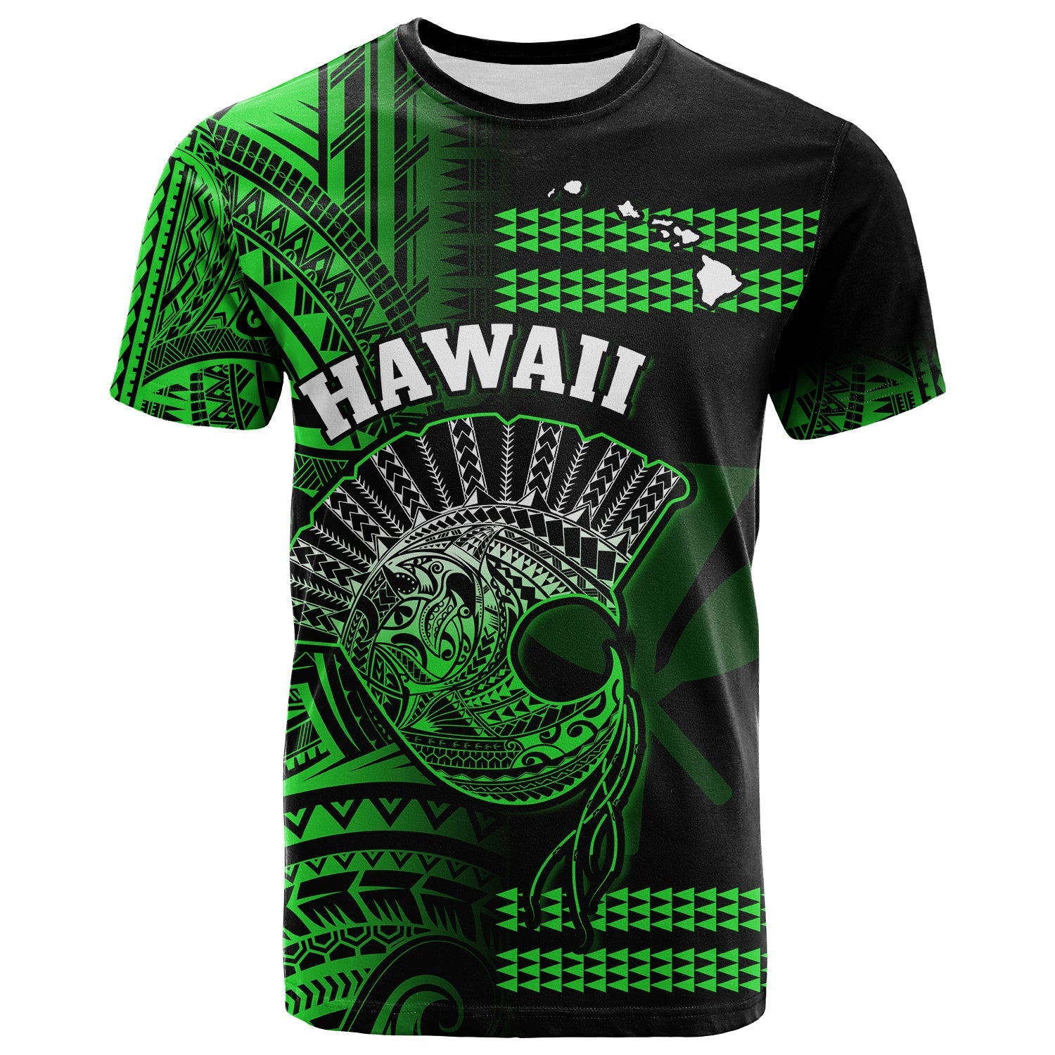 Hawaii T Shirt Kakau Warrior Helmet Gradient Green Polynesian LT14 Green - Polynesian Pride