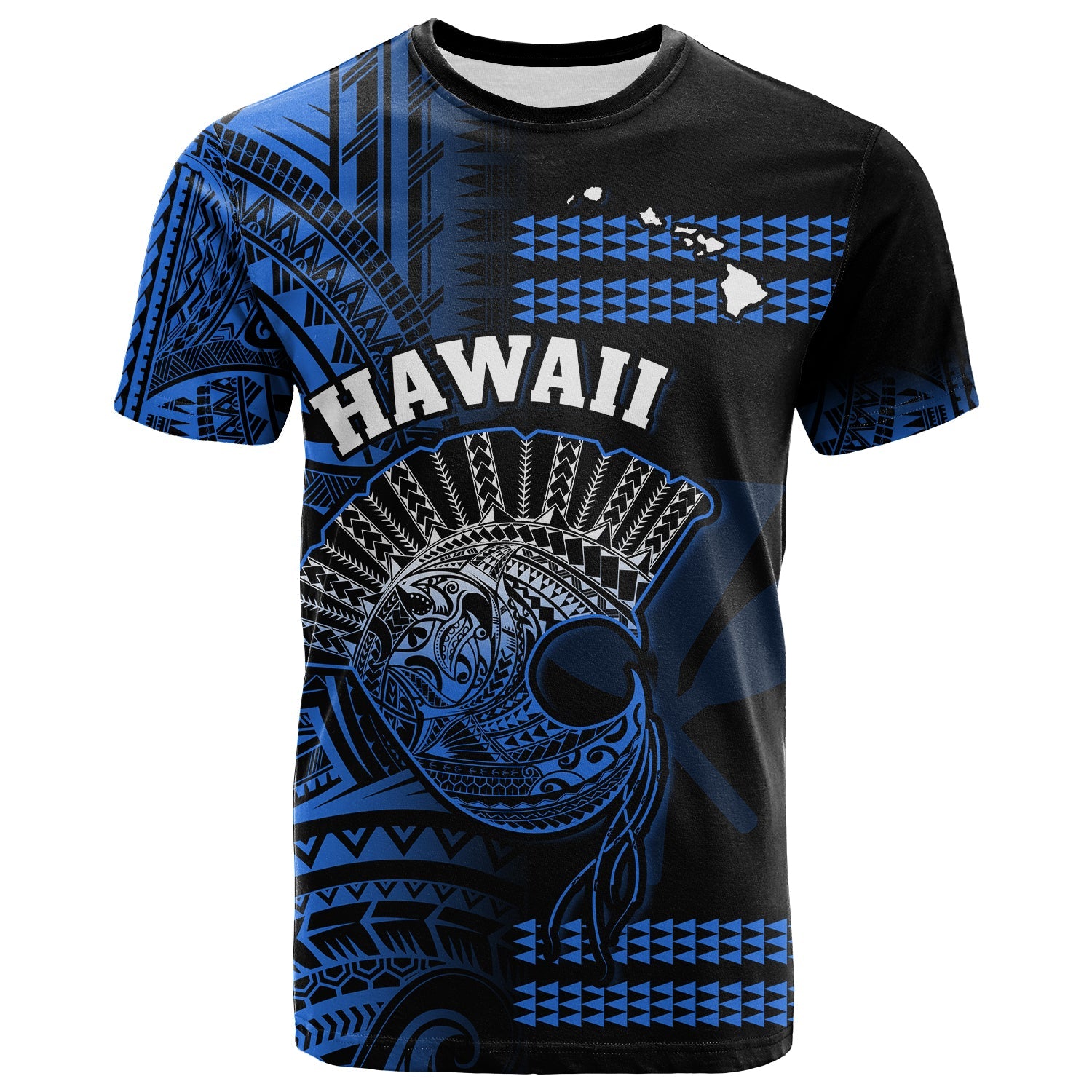 Hawaii T Shirt Kakau Warrior Helmet Gradient Blue Polynesian LT14 Blue - Polynesian Pride