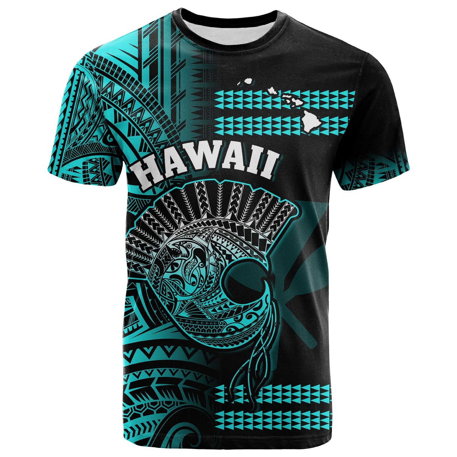 Custom Hawaii T Shirt Kakau Warrior Helmet Gradient Turquoise Polynesian LT14 Turquoise - Polynesian Pride