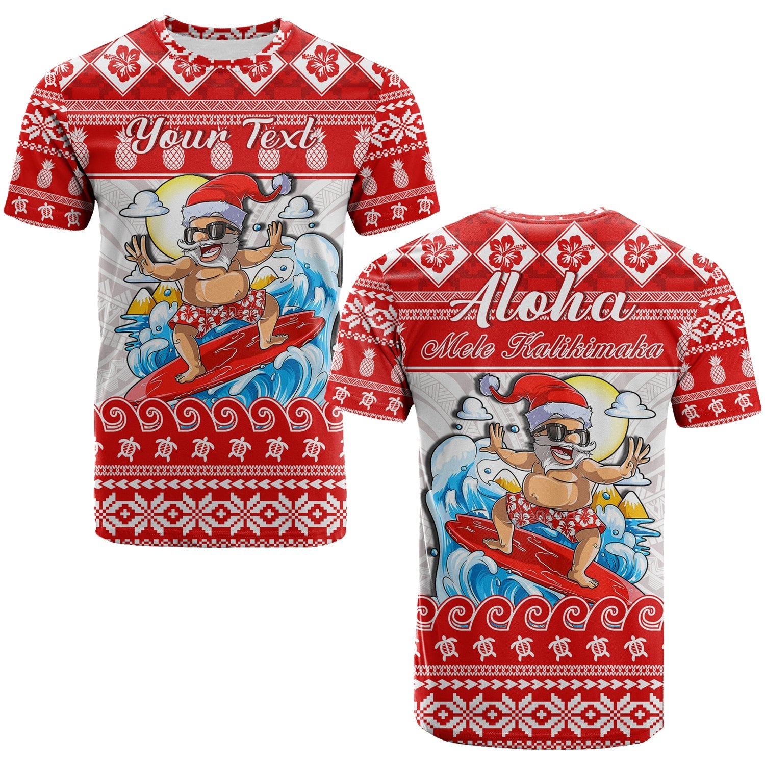 Custom Hawaii Christmas T Shirt Surfing Santa Mele Kalikimaka Polynesian LT14 Red - Polynesian Pride