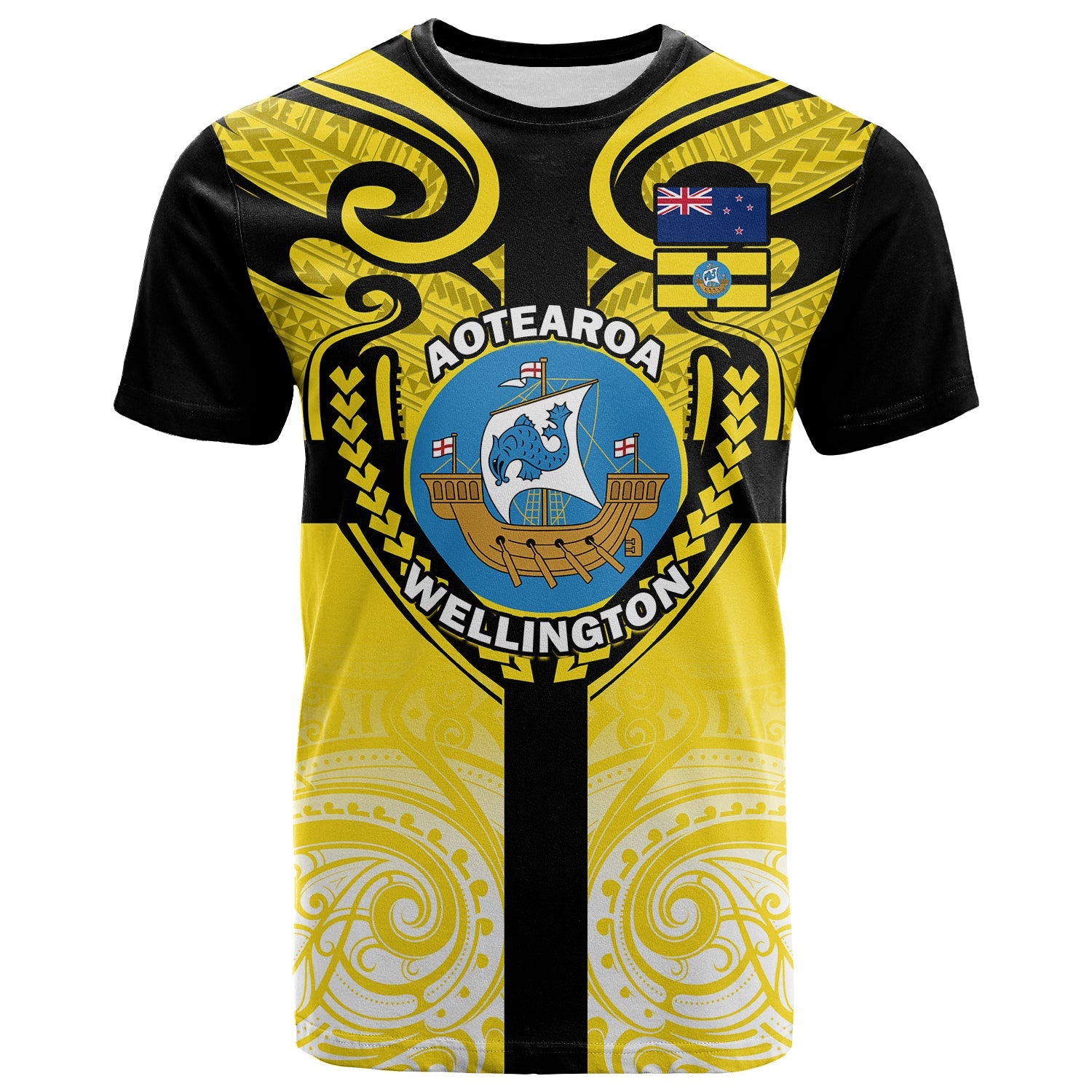 Custom Wellington T Shirt New Zealand Maori Pattern LT14 Yellow - Polynesian Pride