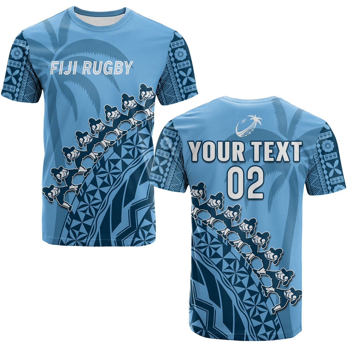 (Custom Text and Number) Fiji Tapa Rugby T Shirt Fijian Cibi Dance Tapa Pattern Blue LT14 Adult Blue - Polynesian Pride