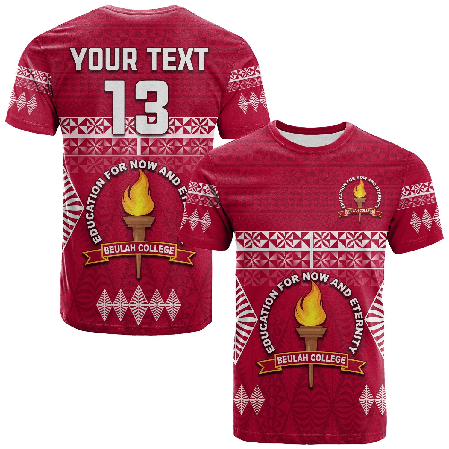 (Custom Text and Number) Beulah College T Shirt Ngatu Pattern Tonga LT13 Maroon - Polynesian Pride