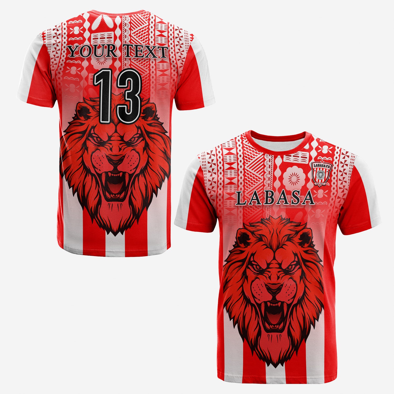 Custom Football LABASA FA T Shirt Red Lion Fiji Custom Text and Number LT13 Unisex Red - Polynesian Pride