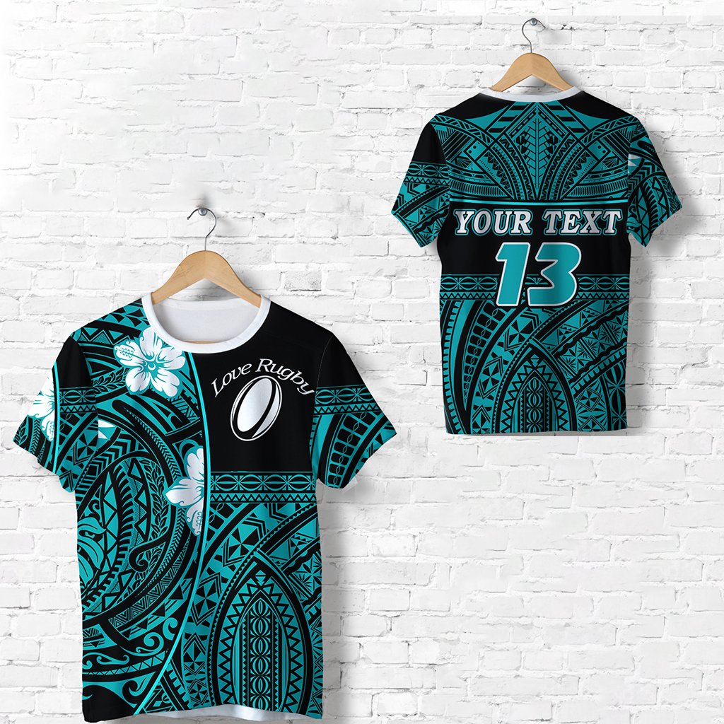 Custom Polynesian Rugby T Shirt Love Turquoise Custom Text and Number Unisex Turquoise - Polynesian Pride