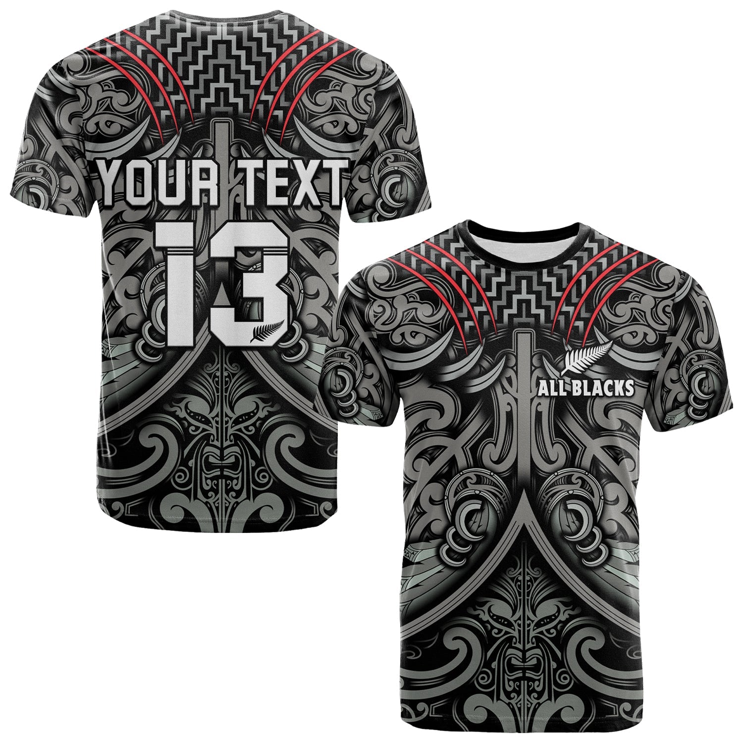 (Custom Text and Number) New Zealand Silver Fern Rugby T Shirt All Black NZ Maori Pattern LT13 Black - Polynesian Pride