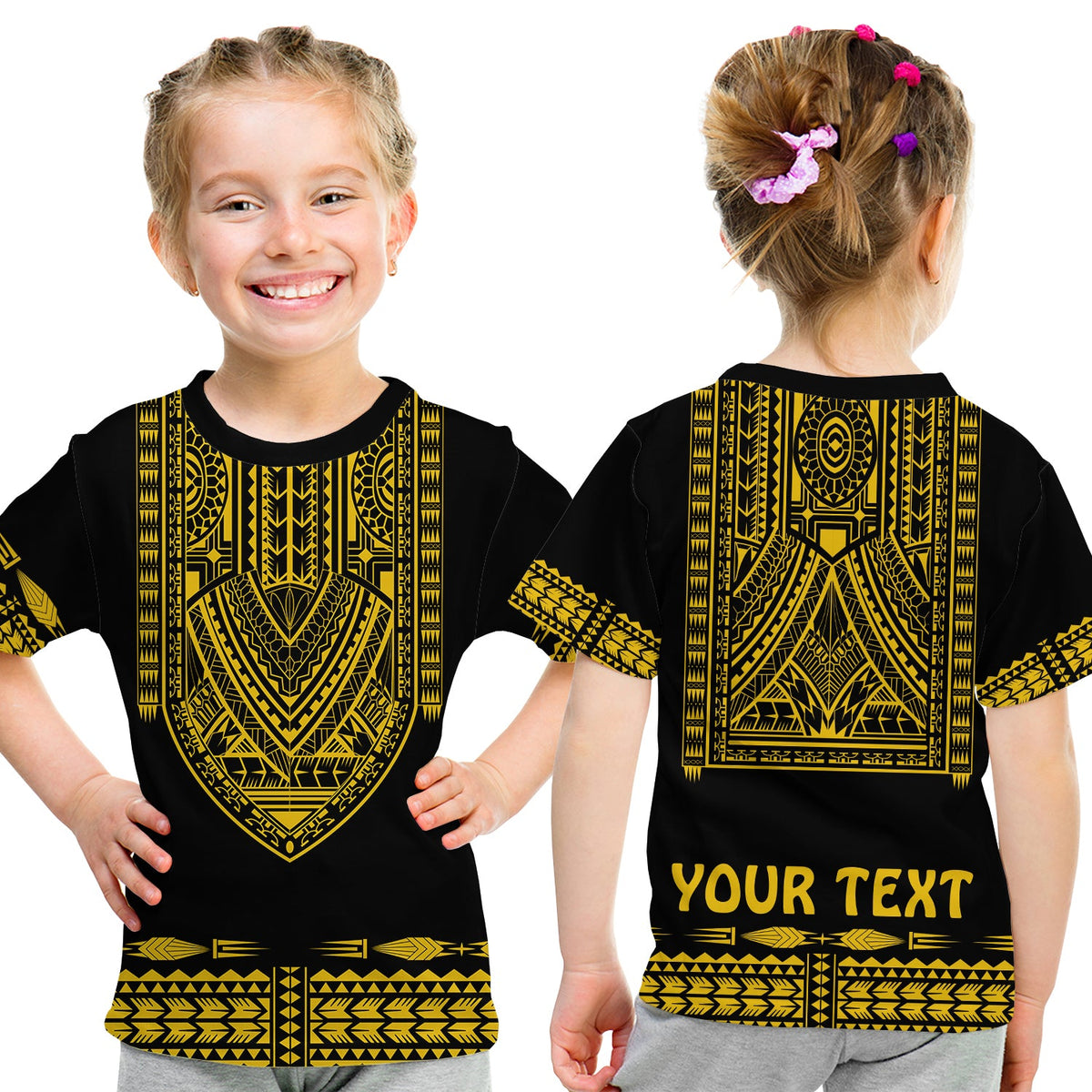 Custom Polynesian T Shirt Dashiki With Polynesian Tattoo Royal Golden Version LT14 Kid Black - Polynesian Pride
