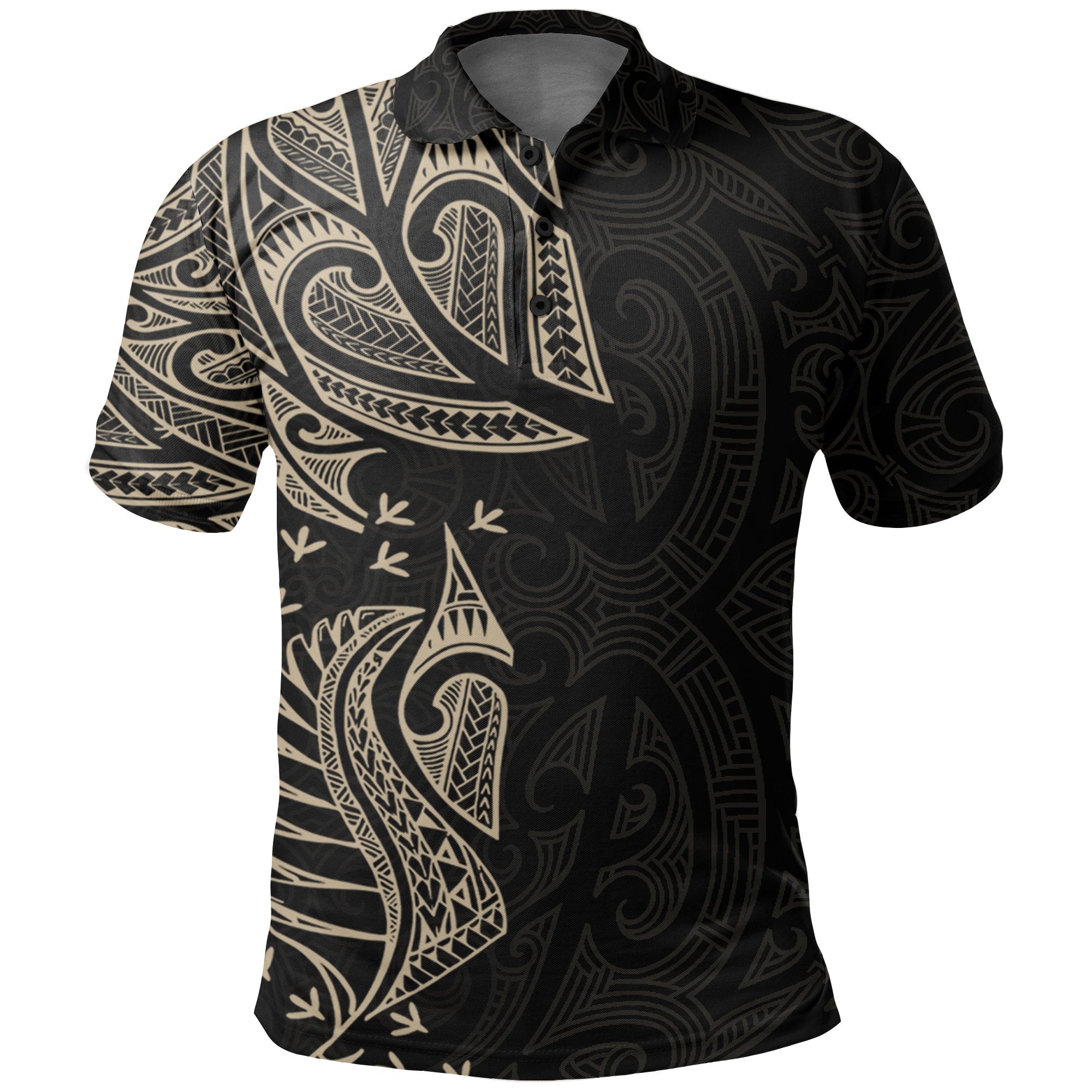 New Zealand Maori Polo Shirt, Ta Moko Tattoo Golf Shirt Tan Black - Polynesian Pride