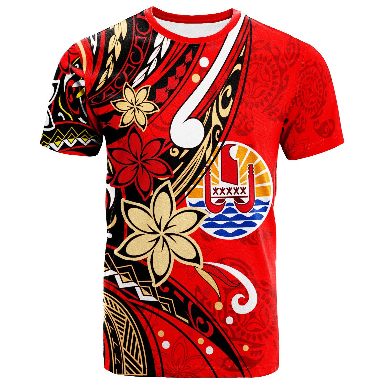 Tahiti T Shirt Tribal Flower With Special Turtles Red Color Unisex Red - Polynesian Pride