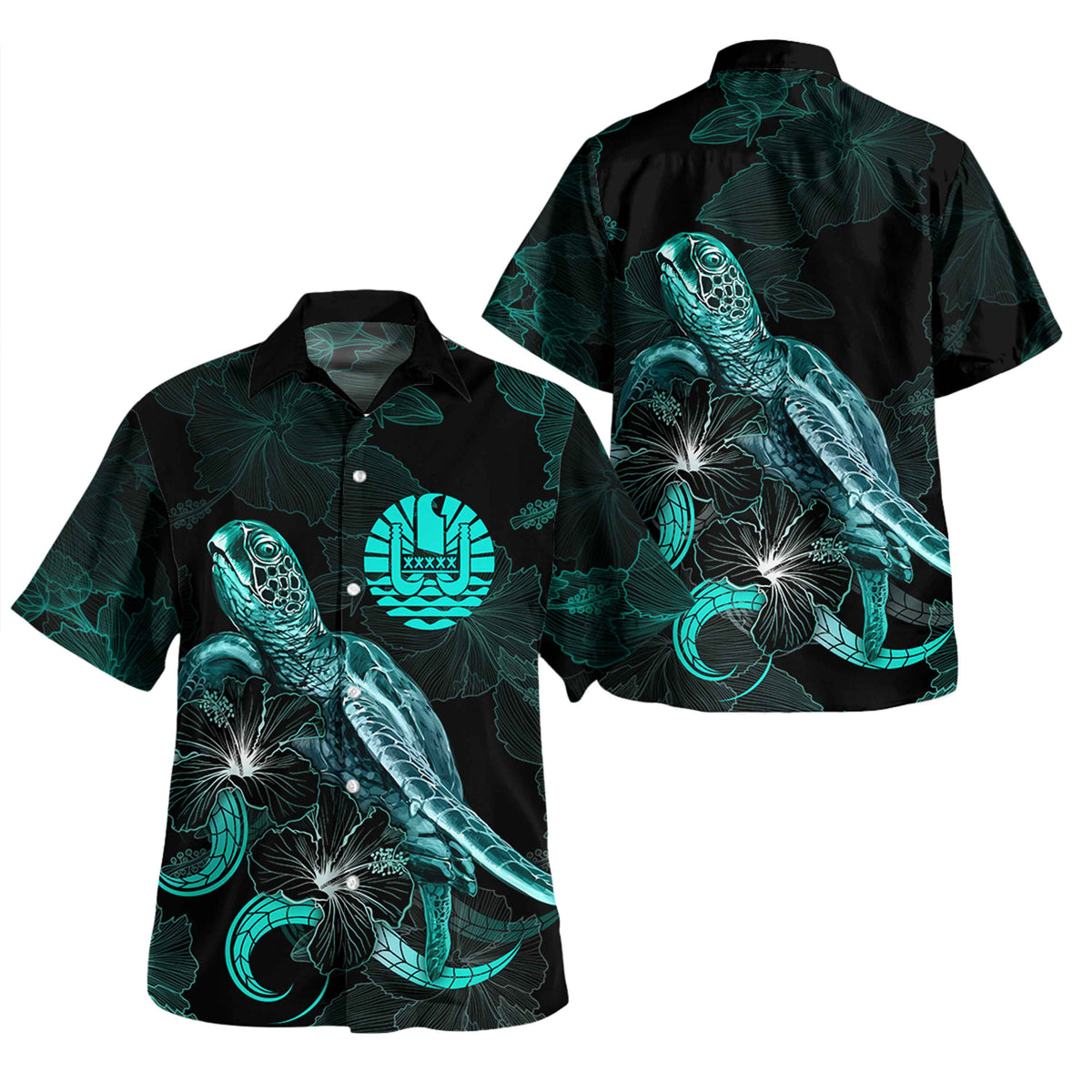Tahiti Short Sleeve Shirt - Custom Tahiti Coat Of Arms With Polynesian Turtle Blooming Hibiscus Turquoise Unisex Turquoise - Polynesian Pride