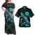 Tahiti Matching Dress and Hawaiian Shirt with Polynesian Turtle and Blooming Hibiscus Turquoise Turquoise - Polynesian Pride