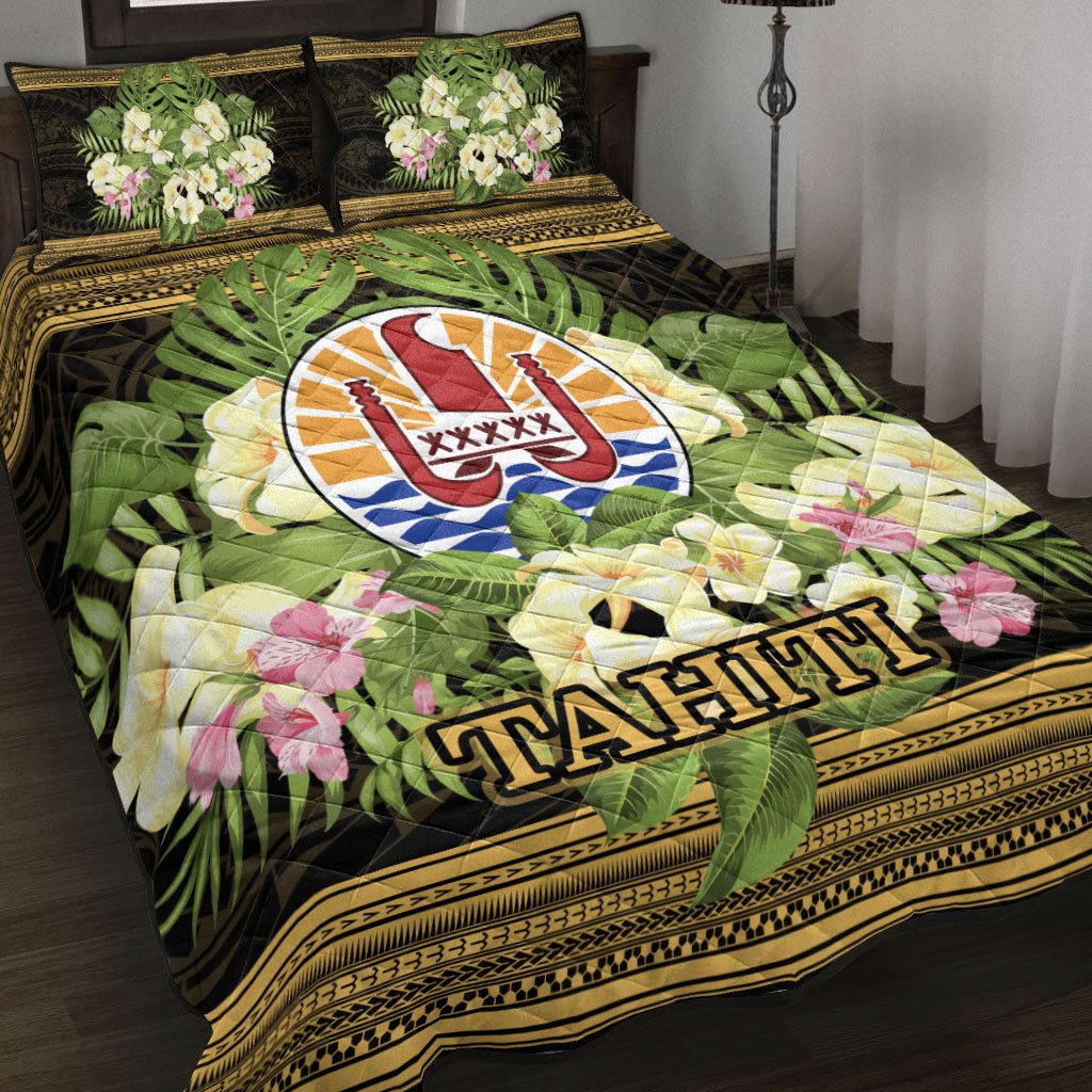 Tahiti Quilt Bed Set - Polynesian Gold Patterns Collection Black - Polynesian Pride