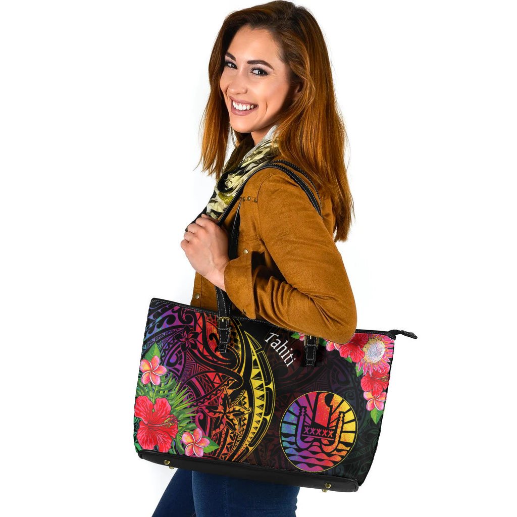 Tahiti Leather Tote - Tropical Hippie Style Black - Polynesian Pride