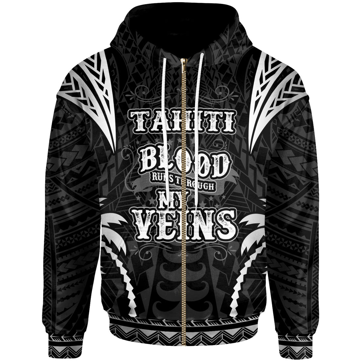 Tahiti Zip up Hoodie Blood Runs Through My Veins Style Black Unisex Black - Polynesian Pride