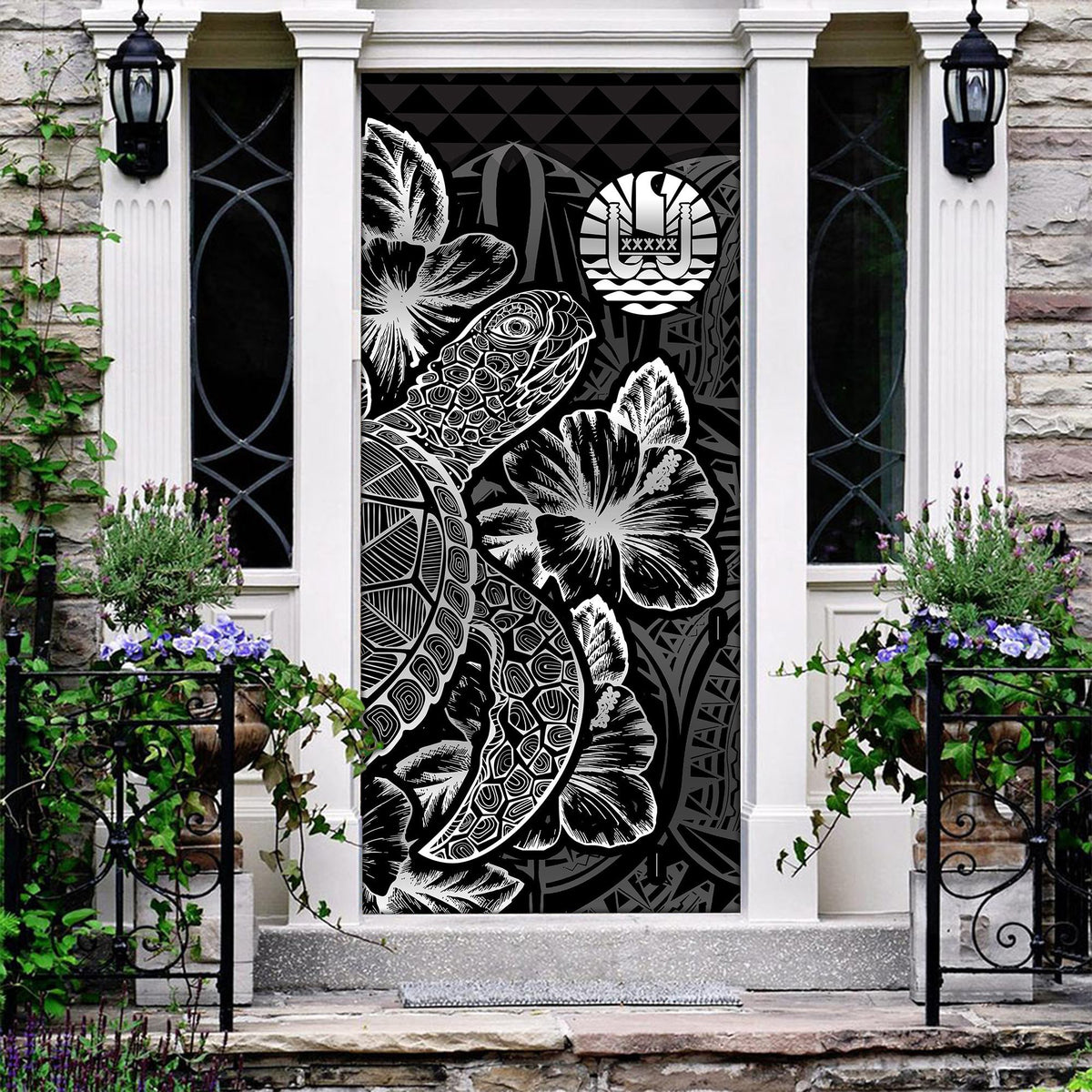 Tahiti Door Cover Turtle Hibiscus Black Black - Polynesian Pride