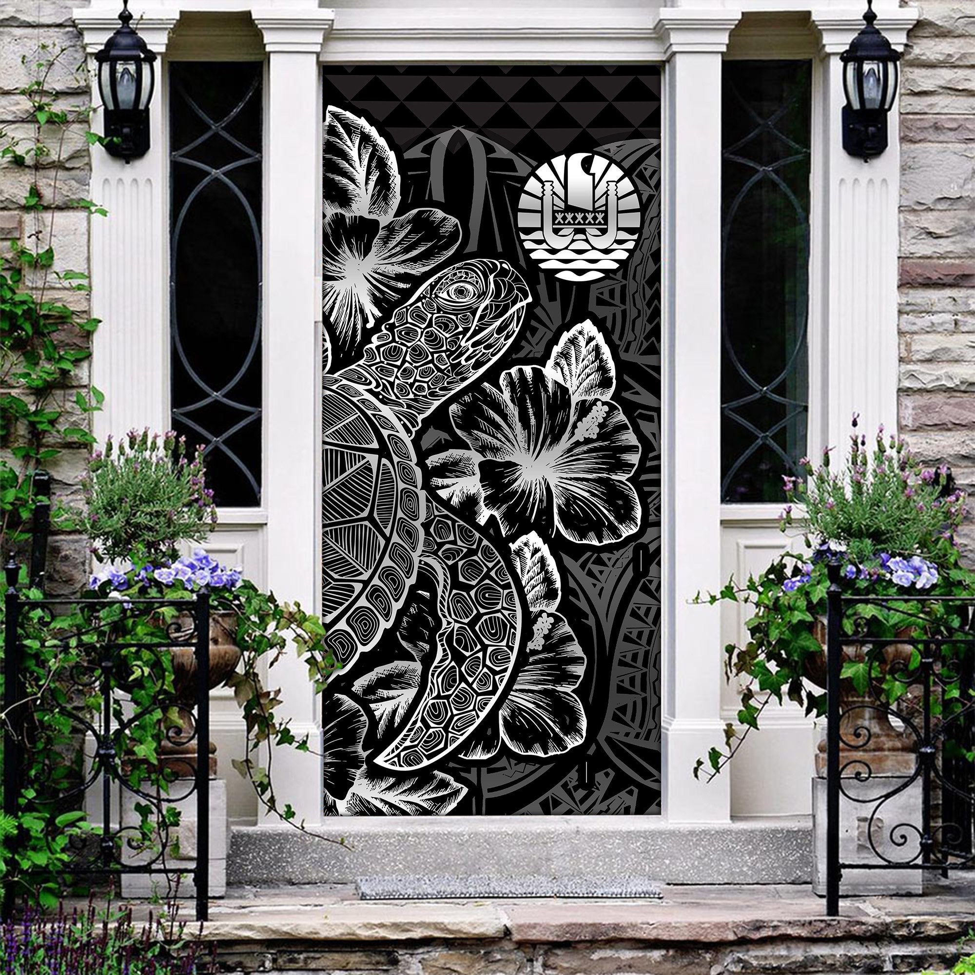 Tahiti Door Cover Turtle Hibiscus Black - Polynesian Pride