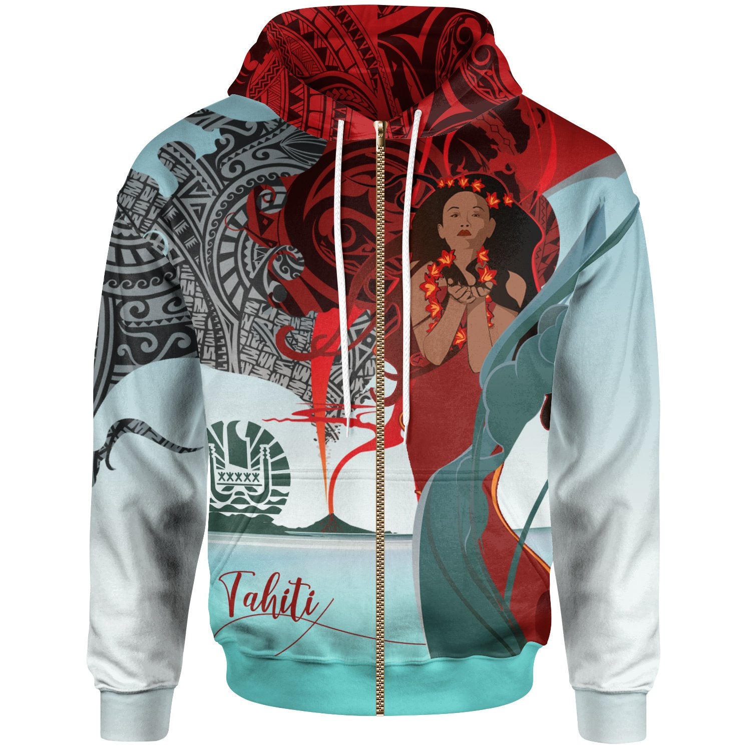 Tahiti Zip up Hoodie Polynesian Girl of Volcano Unisex Red - Polynesian Pride