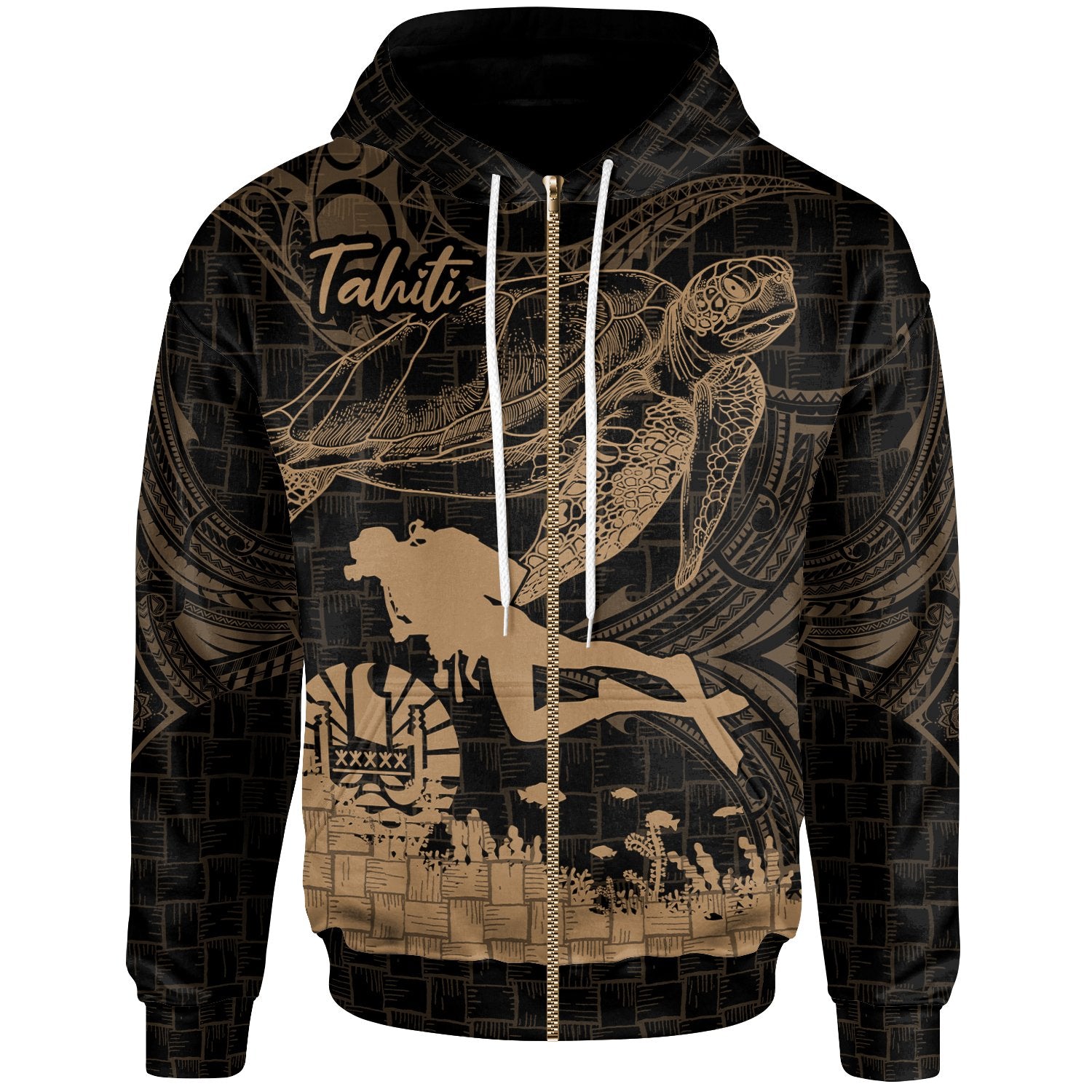 Tahiti Zip up Hoodie Scuba Diving With Turtle Unisex Gold - Polynesian Pride