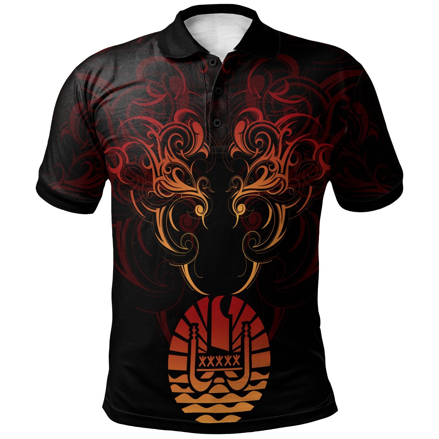 Tahiti Polo Shirt Coat Of Arms With Tribal Pattern Unisex Black - Polynesian Pride