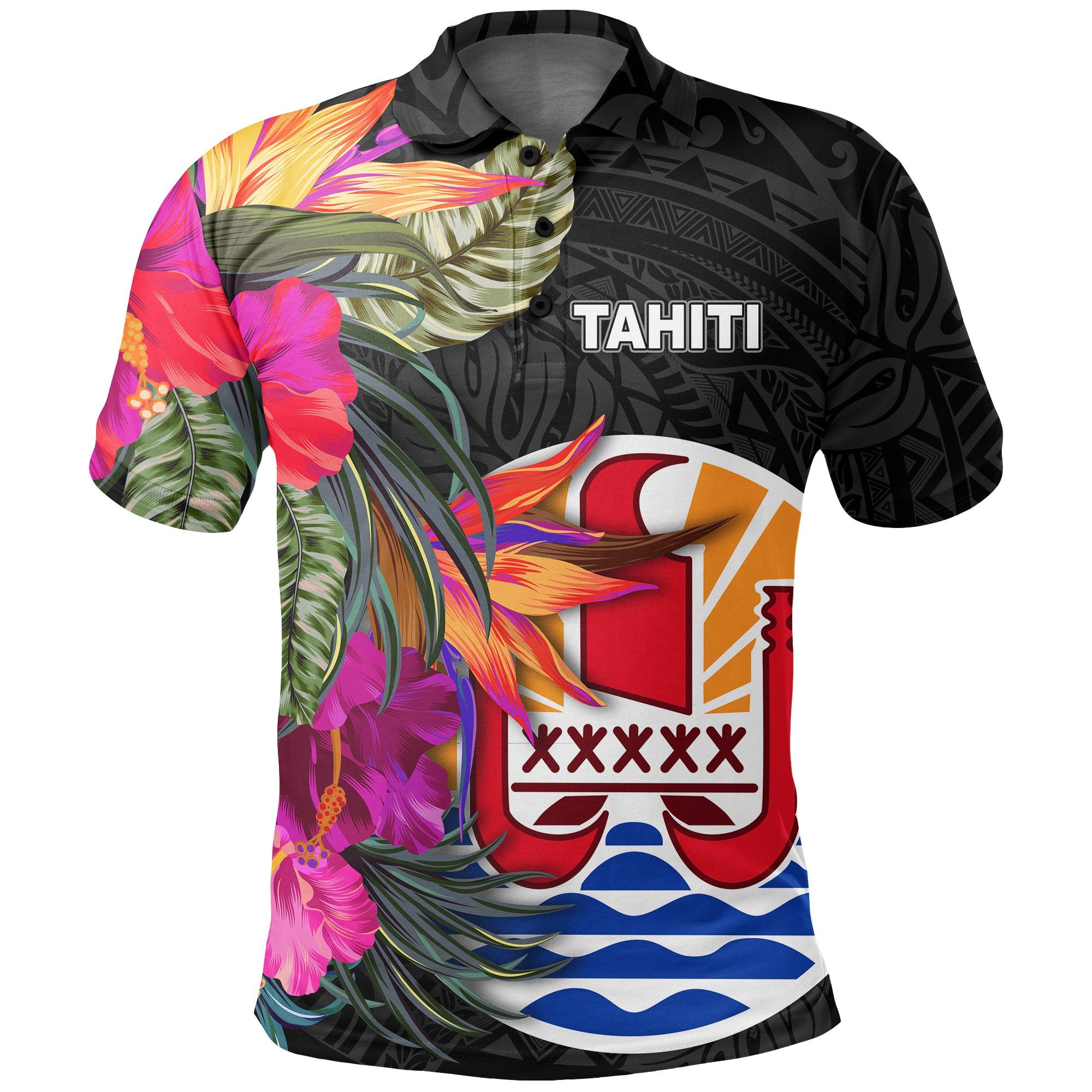 Tahiti Polo Shirt Hibiscus Polynesian Pattern Unisex Black - Polynesian Pride