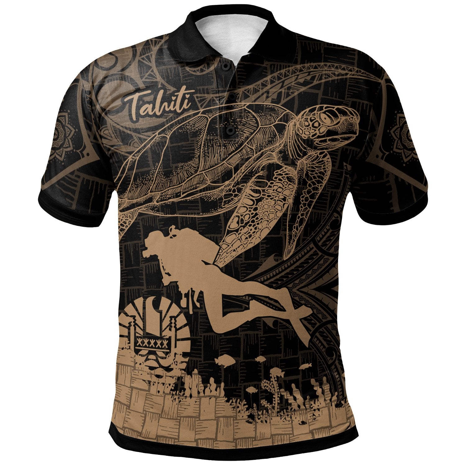 Tahiti Polo Shirt Scuba Diving With Turtle Unisex Gold - Polynesian Pride