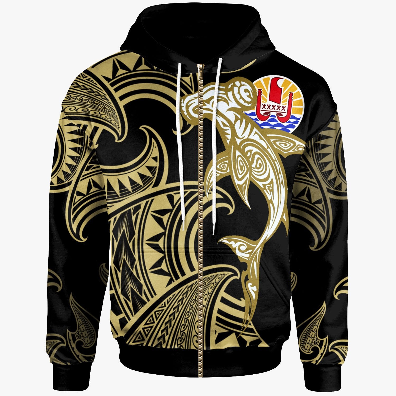 Tahiti Zip Hoodie Hammerhead Shark Tribal Pattern Unisex Gold - Polynesian Pride