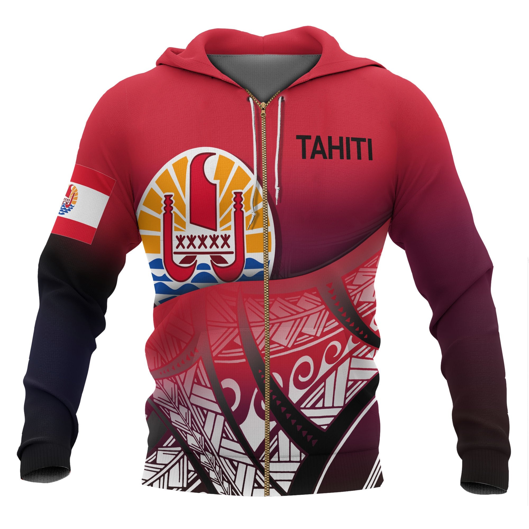 Tahiti Coat of Arms Zip up Hoodie Polynesian Pattern Unisex Red - Polynesian Pride