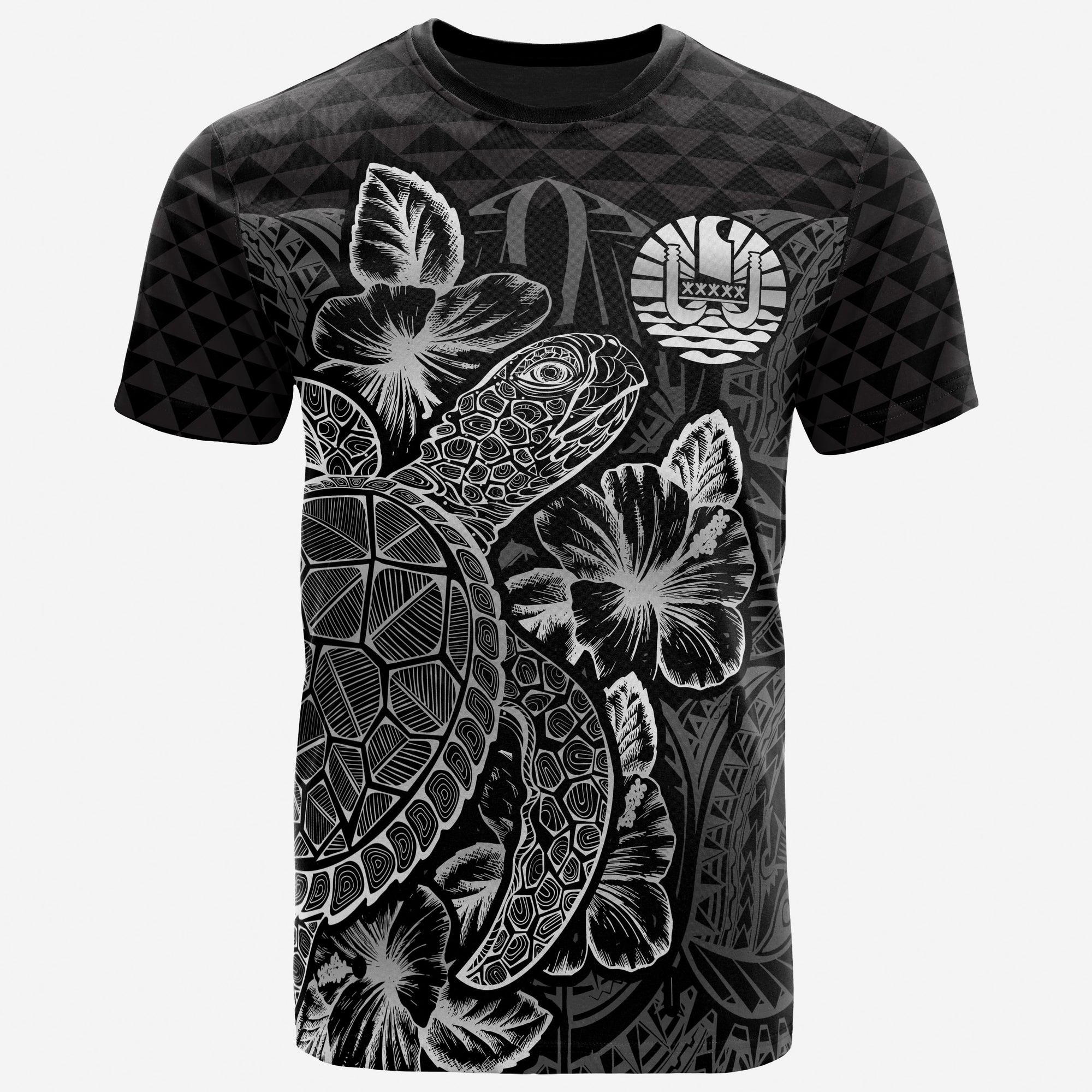 Tahiti Polynesian T Shirt Tahitian FLag Turtle Hibiscus Black Unisex Black - Polynesian Pride