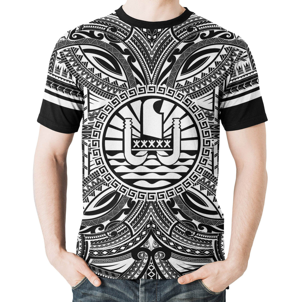 Tahiti T Shirt Tahiti Coat of Arms Polynesian White Black - Polynesian Pride