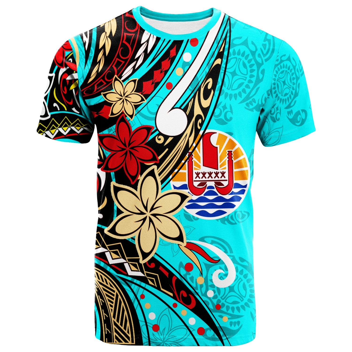 Tahiti T Shirt Tribal Flower With Special Turtles Blue Color Unisex Blue - Polynesian Pride