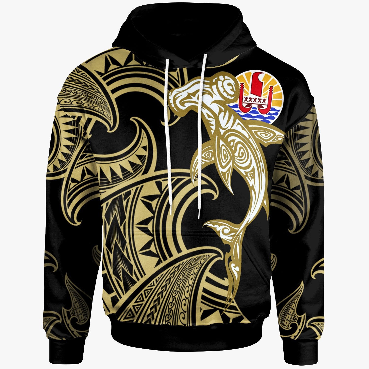 Tahiti Hoodie Hammerhead Shark Tribal Pattern Unisex Gold - Polynesian Pride