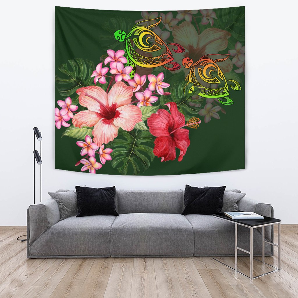 Hawaii Turtle Tropical Flower Tapestry - Deni Style - AH Wall Tapestry Green - Polynesian Pride