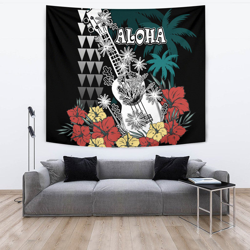 Hawaii Ukulele Mix Hibiscus and Coconut Tree Tapestry Aloha Vintage Black Version LT9 Black - Polynesian Pride