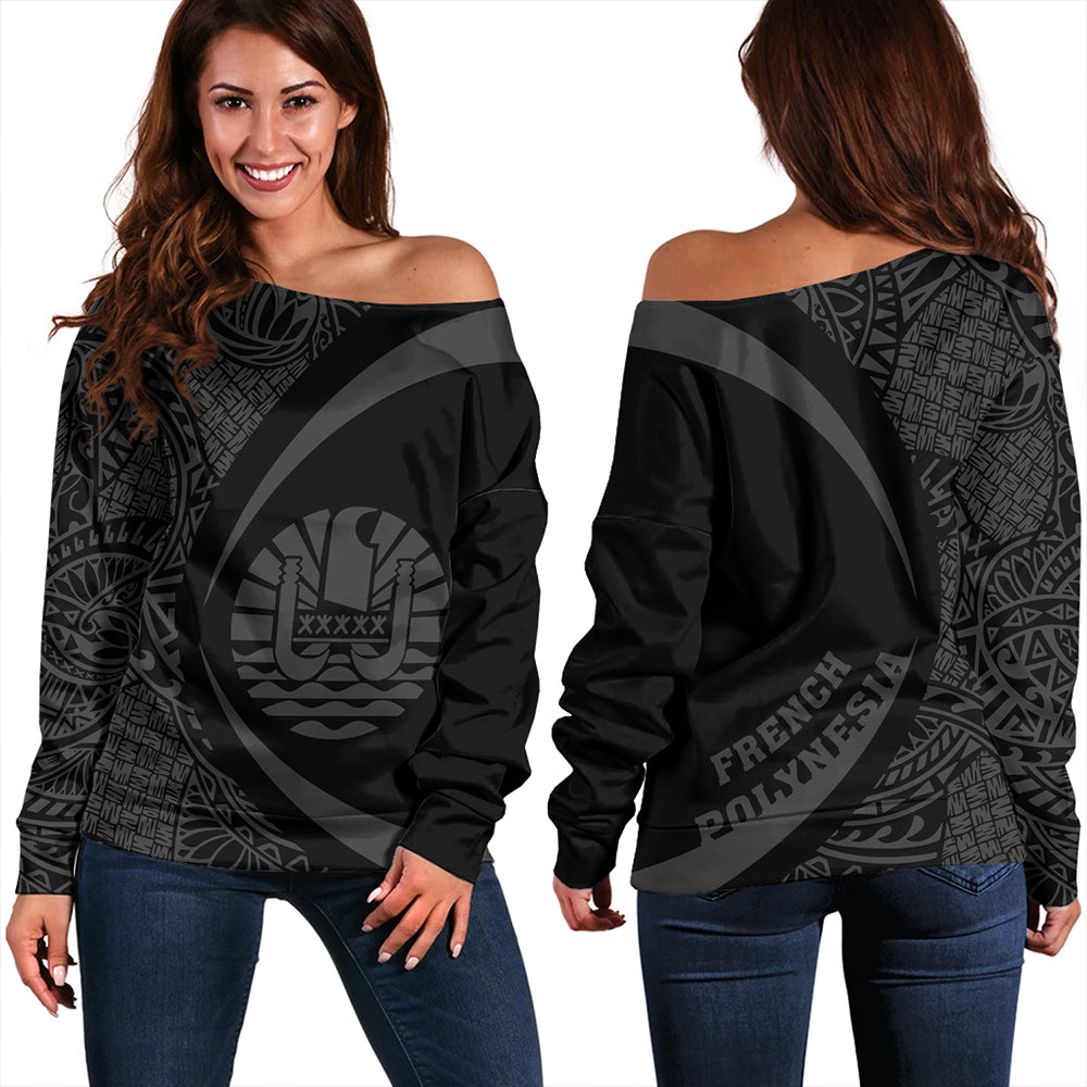 French Polynesia Off Shoulder Sweatshirt Coat Of Arm Lauhala Gray Circle Women Gray - Polynesian Pride