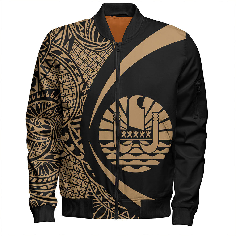 French Polynesia Sleeve Zip Bomber Jacket Coat Of Arm Lauhala Gold Circle Unisex Gold - Polynesian Pride