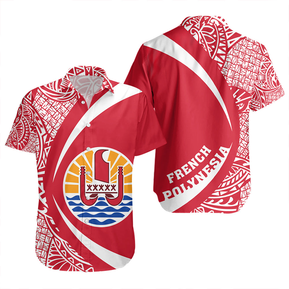 French Polynesia Short Sleeve Shirt Coat Of Arm Lauhala Circle Unisex Red - Polynesian Pride