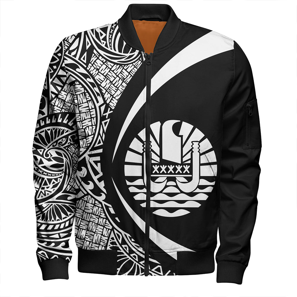 French Polynesia Sleeve Zip Bomber Jacket Coat Of Arm Lauhala White Circle Unisex White - Polynesian Pride