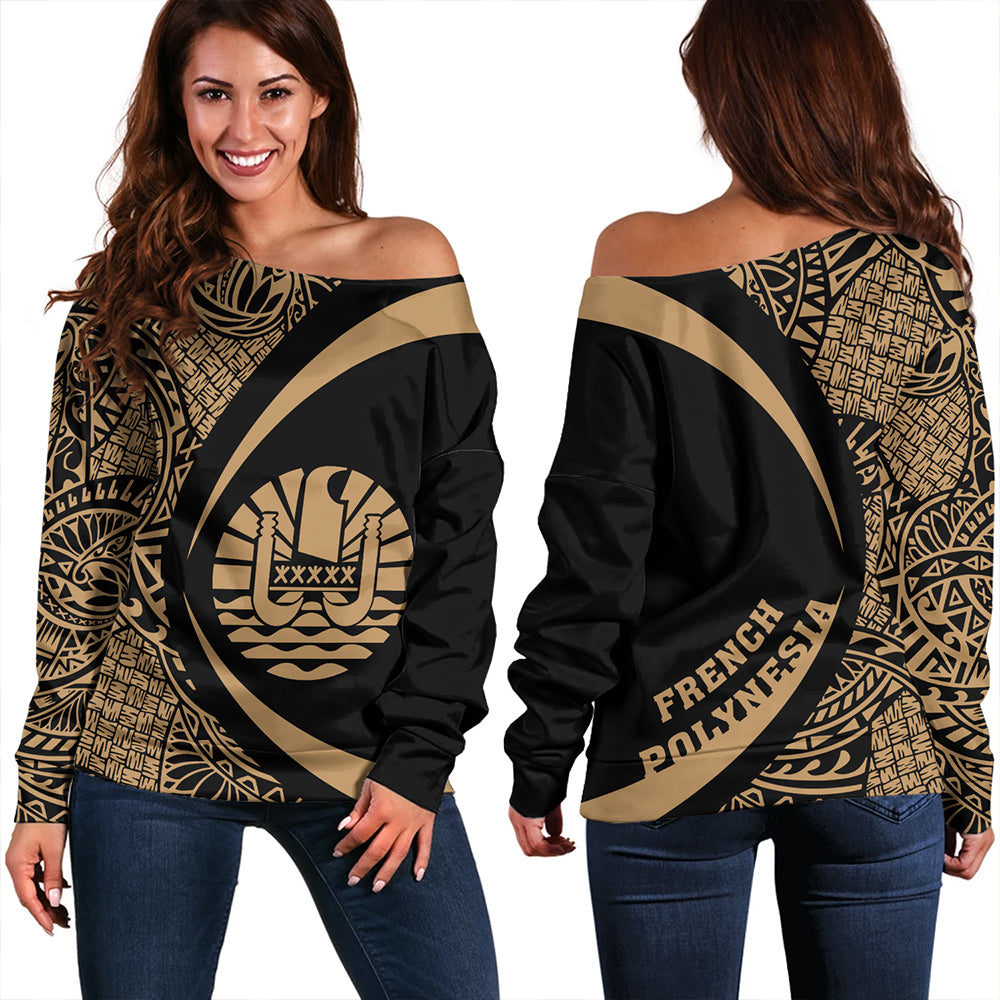 French Polynesia Off Shoulder Sweatshirt Coat Of Arm Lauhala Gold Circle Women Gold - Polynesian Pride