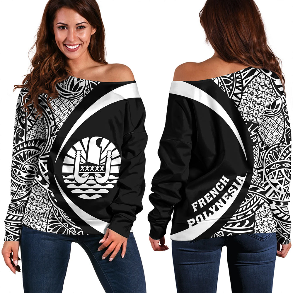 French Polynesia Off Shoulder Sweatshirt Coat Of Arm Lauhala White Circle Women White - Polynesian Pride