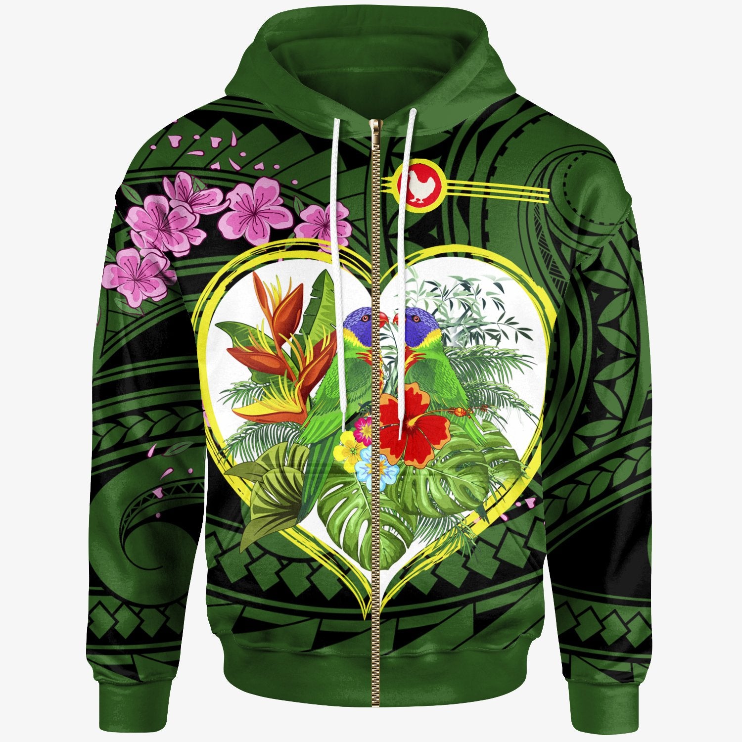 American Samoa Zip up Hoodie The Love of Blue Crowned Lory Unisex Green - Polynesian Pride