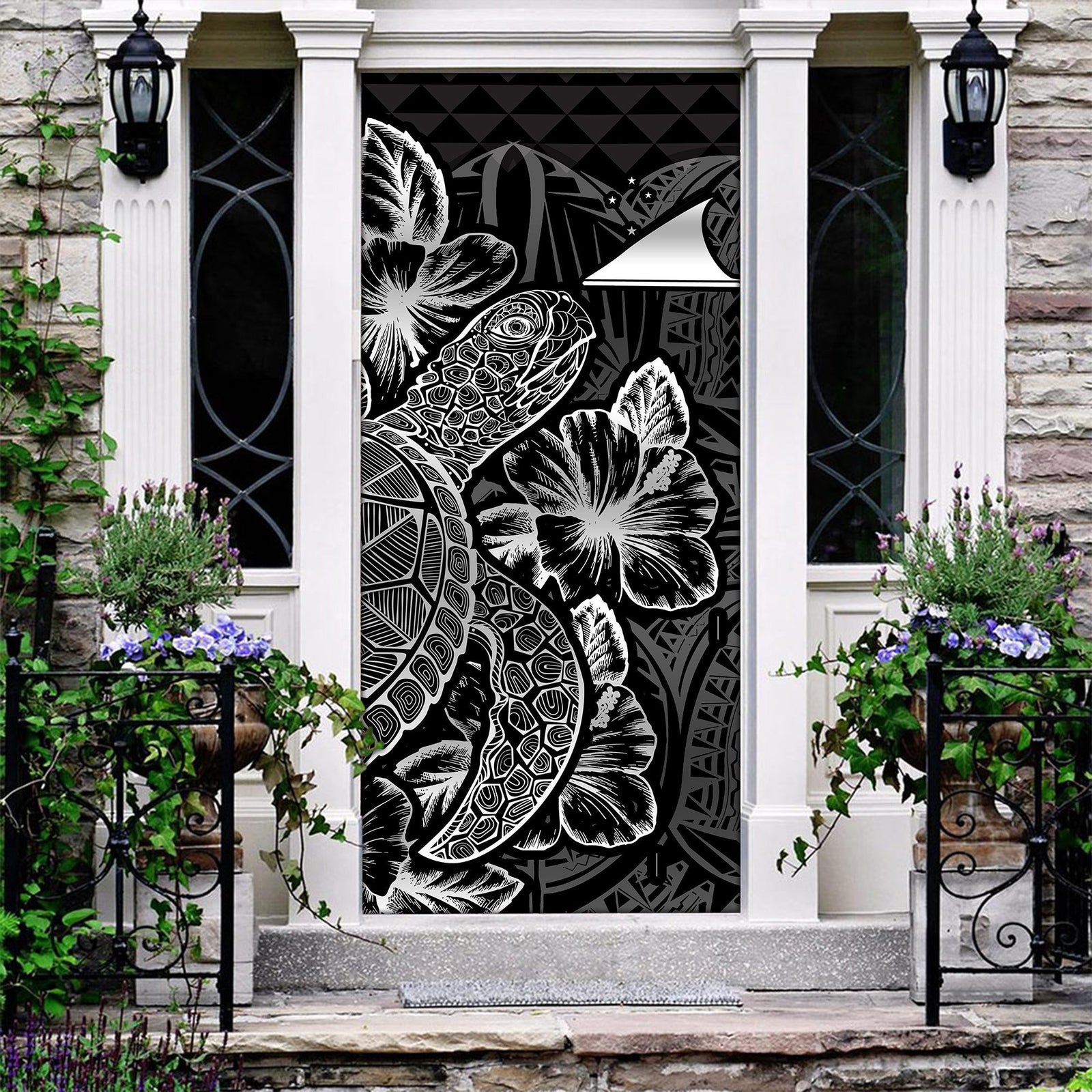 Tokelau Door Cover Turtle Hibiscus Black - Polynesian Pride