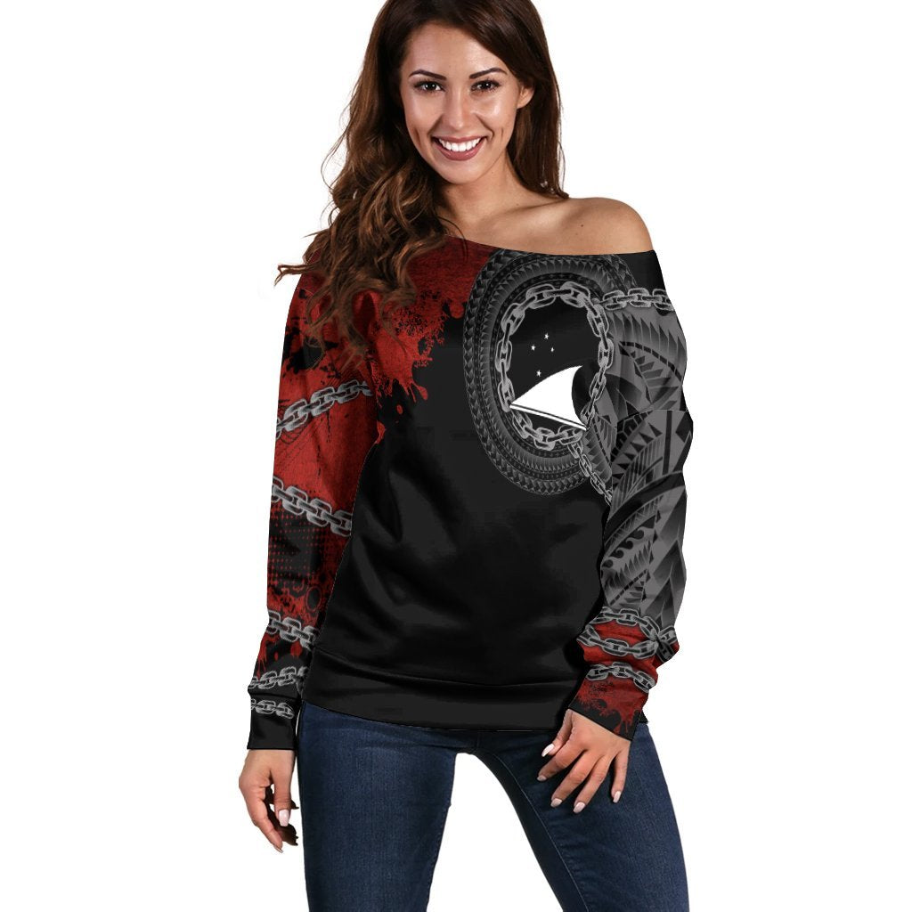 Tokelau Polynesian Women's Off Shoulder Sweater - Polynesian Chain Style Black - Polynesian Pride