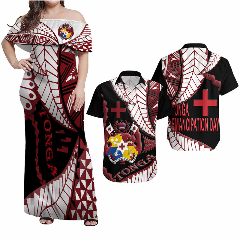 Polynesian Couple Outfits Tonga Emancipation Day Matching Dress and Hawaiian Shirt Kupesi Pattern No.1 Black LT9 Black - Polynesian Pride